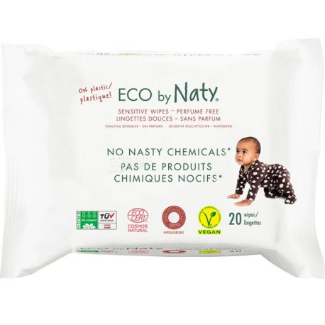 Eco by Naty, 20 шт., Серветки вологі, дитячі, для подорожей, органічні, без аромату
