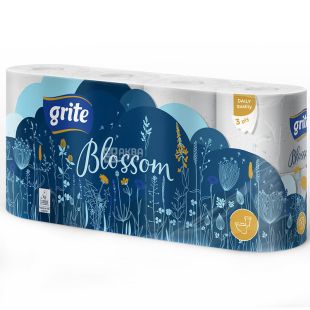 Grite Blossom, 8 рул., Туалетний папір Грите Блоссом, 3-х шаровий, 145 відривів