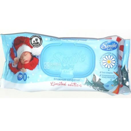 Smile Baby, 100 шт., Салфетки влажные Смайл, Детские, Ромашка и алоэ, для ухода за кожей