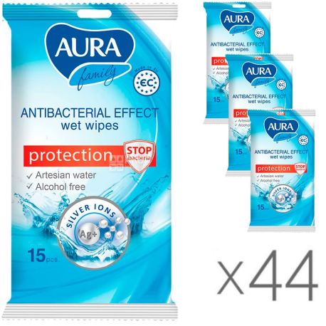 Aura Family, 44 упаковки по 15 шт., Влажные салфетки, антибактериальные