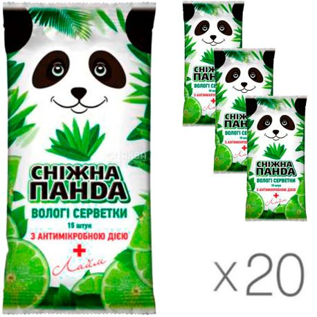 Snow Panda, 20 packs of 15 each, Wet wipes for hands, antimicrobial, Lime