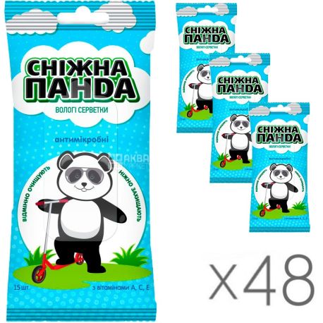 Снігова Панда, Kids, 48 упаковок по 15 шт., Серветки вологі дитячі, антимікробні