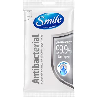 Smile Antibacterial, 15 шт., Серветки вологі Смайл, антибактеріальні, в асортименті