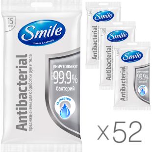 Smile Antibacterial, Упаковка 52 шт. х 15 шт., Серветки вологі Смайл, антибактеріальні, в асортименті