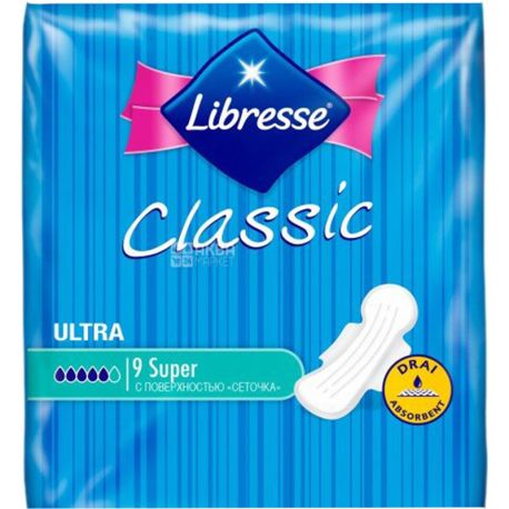 Libresse, Classic Ultra Super Clip Drai, 9 шт., Прокладки гігієнічні, 5 крапель