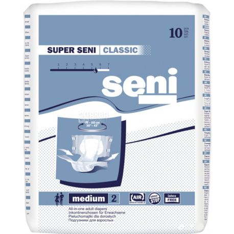 Seni, Super Medium, 10 шт., Подгузники для взрослых, 6 капель, размер М