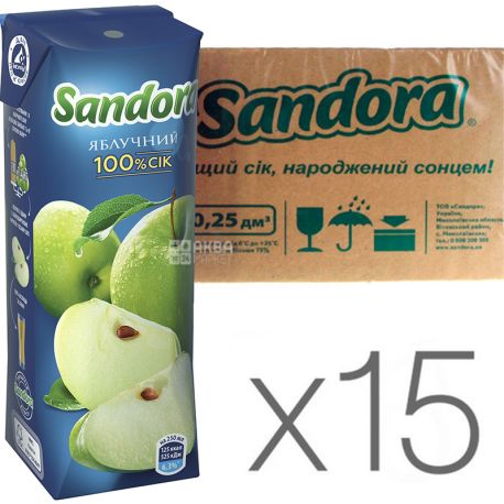 Sandora, 0,25 л, Упаковка 15 шт., Сік Яблучний 100%, освітлений