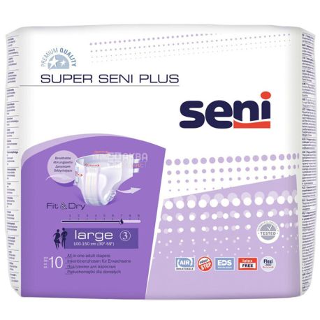 Seni, Super Plus, Large, 10 шт., Підгузки для дорослих, 7 крапель