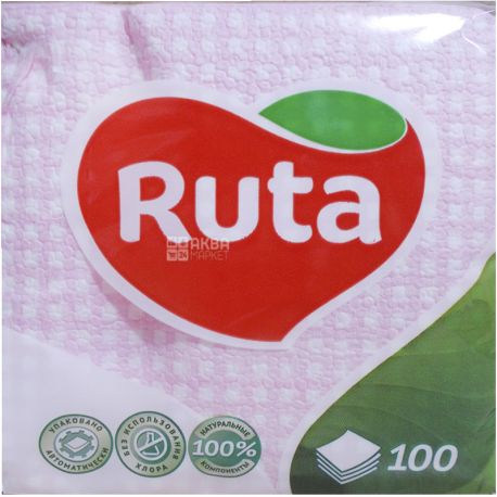 Ruta, 100 шт., Салфетки столовые Рута, однослойные, 24x24 см, розовые