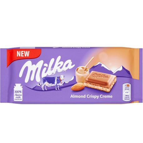 Milka, Almond crispy creme, 90 г, Молочный шоколад Милка с миндальным хрустящим кремом