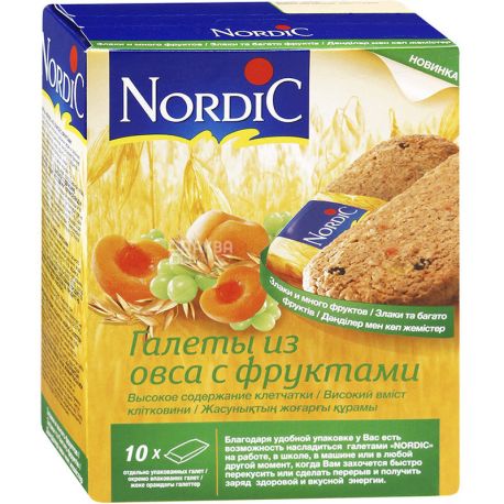 Nordic, Упаковка 10 шт. х 30 г, Галети вівсяні з фруктами