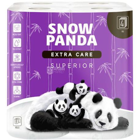 Сніжна панда, Extra Care, Superior, 8 рулонів, Туалетний папір, білий, 4-ри шаровий