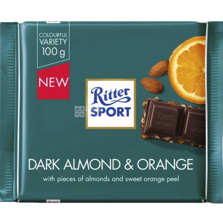 Ritter Sport, 100 г, Темний шоколад з мигдалем і апельсином