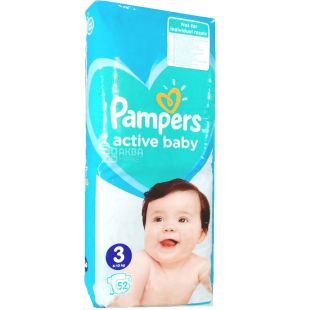  Pampers, Active Baby, 52 шт., Подгузники Памперс, размер 3, 6-10 кг