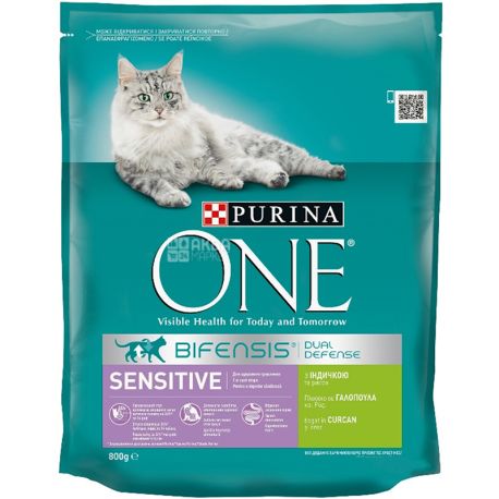 Purina, One Sensitive, 800 г, Сухий корм для котів з індичкою і рисом