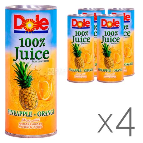 Dole, Pineapple Orange, 250 мл, Упаковка 4 шт., Сік натуральний прямого віджиму, Апельсин