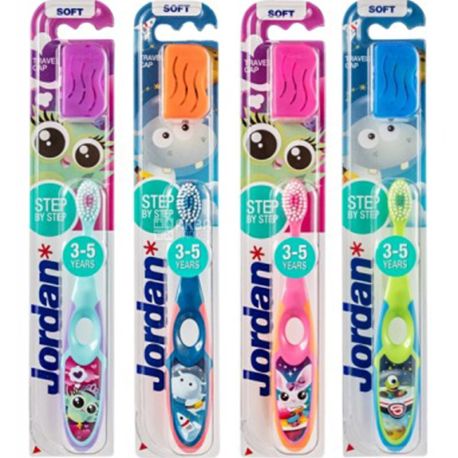 Jordan, Soft toothbrush, for children 3-5 years old, with cap, assorted