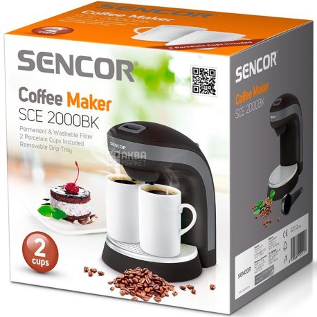 Sencor SCE2000BK, Кофеварка капельная на 2 чашки, черная, 350 Вт
