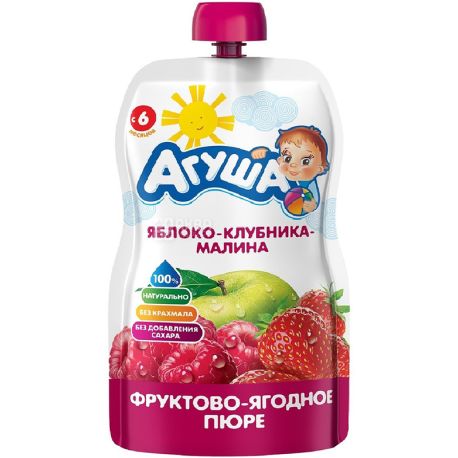 Agusha, 90 g, Puree, Apple-strawberry-raspberry, from 6 months