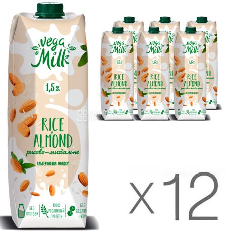 Vega Milk, Упаковка 12 шт. х 950 мл, Напиток рисово-миндальный ультрапастеризованный, 1,5 %