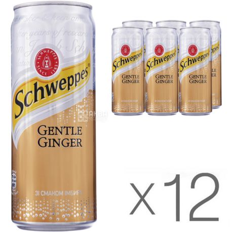 Schweppes, Нежный имбирь, 0,33 л, Упаковка 12 шт., Напиток сильногазированный, ж/б