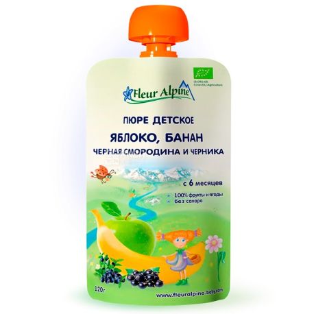 Fleur Alpine, 120 г, Пюре детское Яблоко, банан, черная смородина, черника, С 6 месяцев
