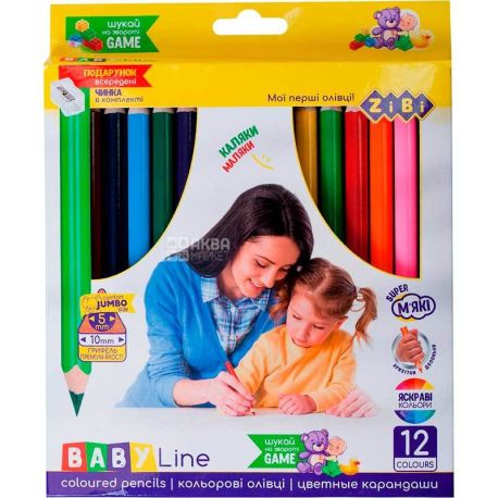 ZiBi, Jumbo Baby Line, 12 шт., Цветные карандаши с точилкой
