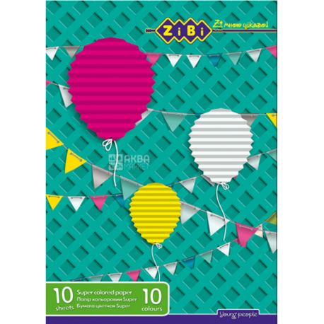 Zibi, 10 л., Набор цветной бумаги, А4, 10 цветов