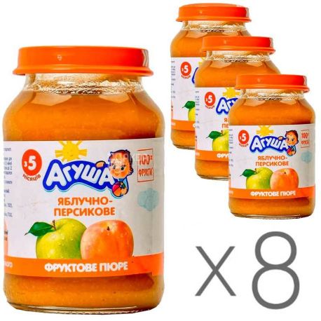 Агуша, 190 г, Упаковка 8 шт., Фруктове пюре з 5-ти місяців, Яблуко-Персик