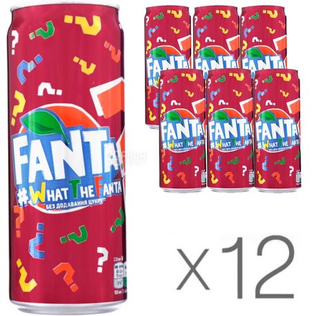 Fanta, What the Fanta, 0,33 л, Упаковка 12 шт., Фанта, Напій сильногазований, з натуральним соком, без цукру