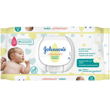 Johnson's, 56 штук, Дитячі вологі серветки, Ніжність бавовни
