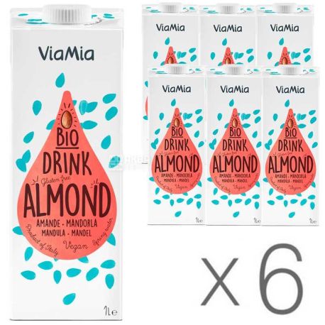 ViaMia, Bio Drink, Almond, 1 л, Упаковка 6 шт., ВіаМіа, Напій мигдальний органічний, без цукру і глютену