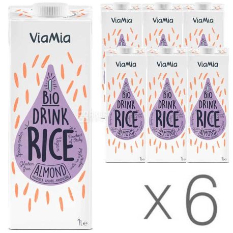 ViaMia, Bio Drink, Rice Almond, 1л, Упаковка 6 шт., ВиаМиа, Напиток рисовый с миндалем, органический, без сахара и глютена