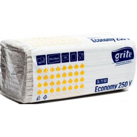 Grite, Economy, 250 листов, Полотенца бумажные, однослойные, ZZ сложения, 250 х 230 мм