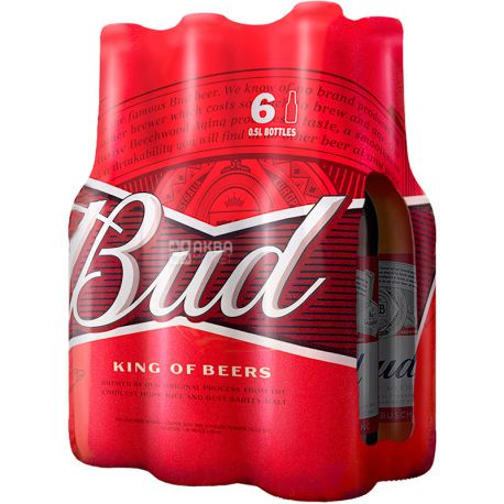 Bud, 6 х 0,5 л, Бад, Пиво светлое, мультипак, стекло