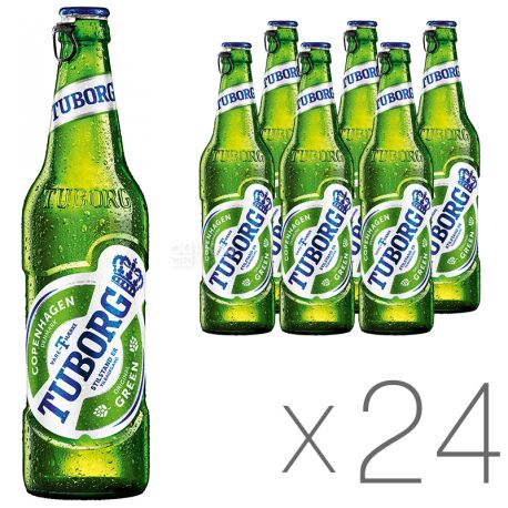 Tuborg Green, Упаковка 24 шт. х 0,33 л, Туборг, Пиво светлое, стекло