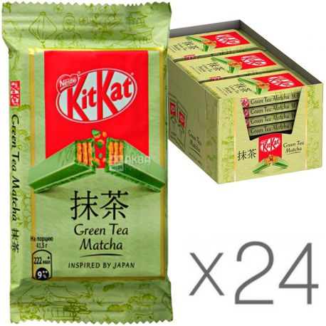 KitKat Green Tea Matcha, 41,5 г, Упаковка 24 шт., КітКат, Батончик в білому шоколаді з зеленим чаєм Матчу