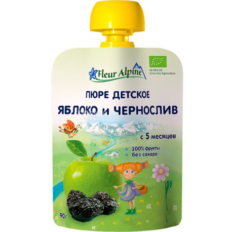 Fleur Alpine, Яблуко та Чорнослив, 90 г, Фруктове пюре для детй, з 5 місяців