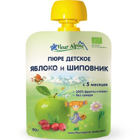 Fleur Alpine, Яблоко и Шиповник, 90 г, Пюре детское органическое, с 5 месяцев