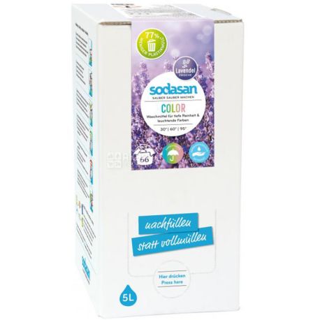 Sodasan, Color Lavender, 5 л, Жидкое средство для стирки цветных и черных вещей, Лаванда, органическое