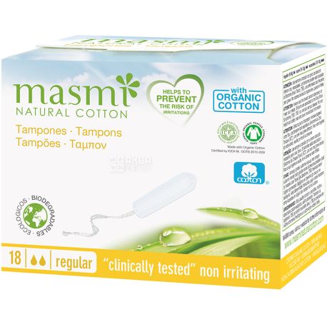 Masmi Regular, 18 pcs, Sanitary Swabs without Applicator, Organic, 2 Drops