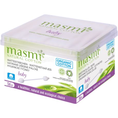 Masmi, 56 pcs, Hygienic Cotton Swabs for Children, Organic, with Stopper
