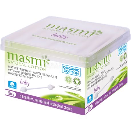 Masmi, 56 шт., Гигиенические ватные палочки для детей, органические, с ограничителем