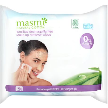 Masmi, Organic, 20 шт., Влажные салфетки для снятия макияжа