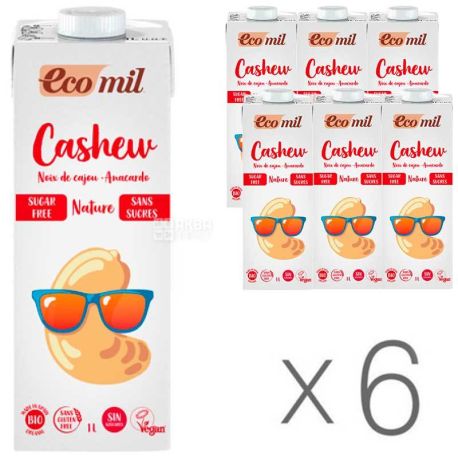 Ecomil, Cashew, Упаковка 6 шт. по 1 л, Экомил, Растительное молоко с кешью, без сахара