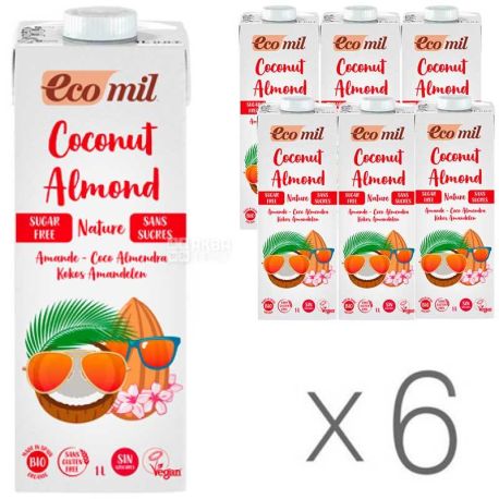 Ecomil, Coconut Almond, Упаковка 6 шт. по 1 л, Экомил, Растительный напиток, Миндаль-кокос, без сахара