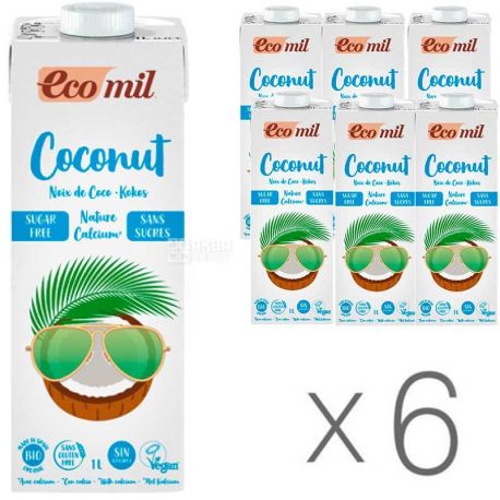 Ecomil, Coconut Milk, Упаковка 6 шт. по 1 л, Еком, Рослинний напій, Кокос з кальцієм, без цукру