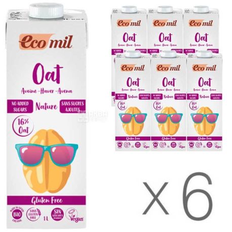 Ecomil, Oat, Упаковка 6 шт., по 1 л, Экомил, Растительный напиток с овса, без сахара