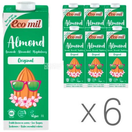 Ecomil, Almond Original, Pack of 6 pcs., 1 l each, Ecomil, Herbal drink, Almonds with agave syrup, sugar free