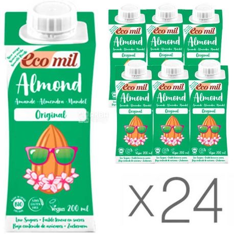 Ecomil, Almond, Pack of 24 200 ml each, Herbal drink Almond with agave syrup